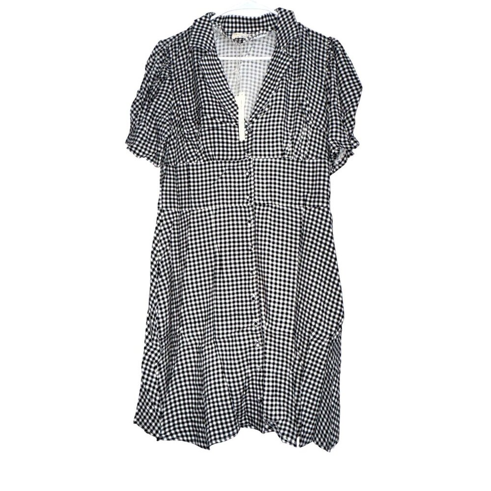Black & White Gingham Lovestitch Womens Dress With Button Front & Short Sleeves